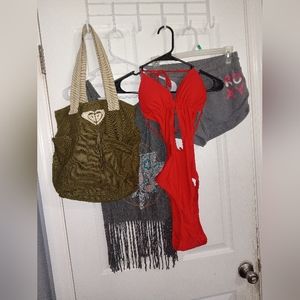 Roxy Medium shorts and bag with bathing suit and fringe top